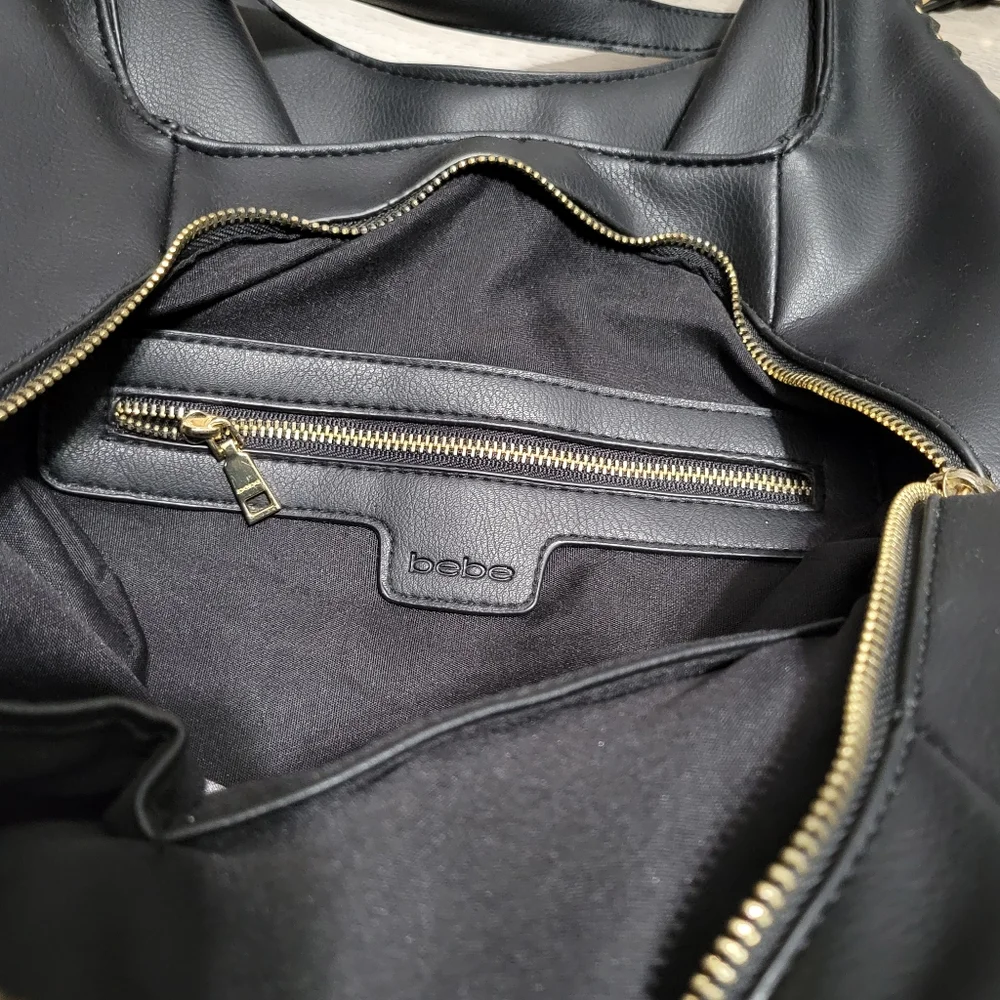 Bebe Colette Triple Entry Black Hobo Bag/Satchel Gold Chainlink Hobo Bag